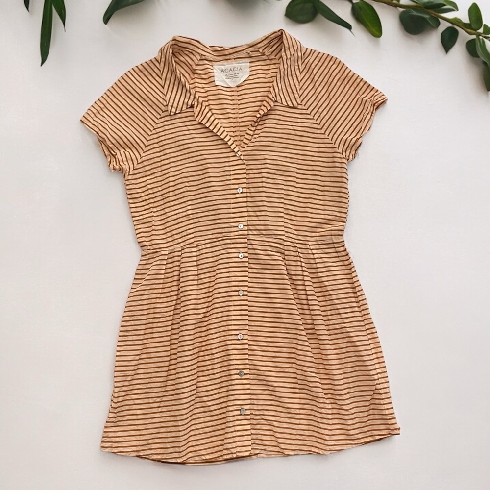 ACACIA Lima silk cotton dress in apricot stripe p XS shirt dress short sleeve